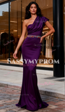 One Shoulder Beading Trumpet Mermaid Satin Grape Prom Dress