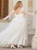 V Neck Tulle Ankle Length Appliques Plus Size Wedding Dress