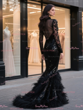 High Neck Trumpet Mermaid Sequin Black Feather Prom Dress