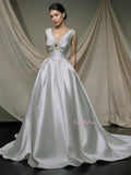 Beading Bow Satin V Neck A Line Wedding Dress With Pockets