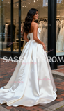 A Line Bow Corset Satin Sweetheart Wedding Dress With Slit