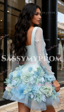 A Line Square Tulle Flower Feather Long Sleeve Homecoming Dress