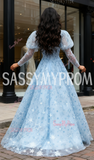 Blue Long Sleeve Tulle A Line Snowflake Prom Dress With Slit