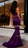 One Shoulder Beading Trumpet Mermaid Satin Grape Prom Dress