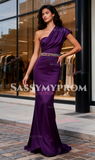 One Shoulder Beading Trumpet Mermaid Satin Grape Prom Dress