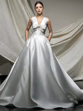 Beading Bow Satin V Neck A Line Wedding Dress With Pockets