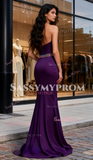 One Shoulder Beading Trumpet Mermaid Satin Grape Prom Dress