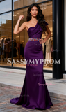 One Shoulder Beading Trumpet Mermaid Satin Grape Prom Dress