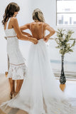 A Line Tulle V Neck Backless Lace Beach Wedding Dress
