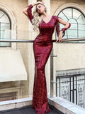 Sparkling Sequins Long Sleeve Burgundy Evening Dress