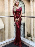 Sparkling Sequins Long Sleeve Burgundy Evening Dress