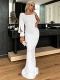 Unique Sleeve One Shoulder Sequin White Evening Dress