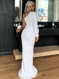 Unique Sleeve One Shoulder Sequin White Evening Dress