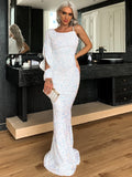 Unique Sleeve One Shoulder Sequin White Evening Dress