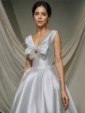 Beading Bow Satin V Neck A Line Wedding Dress With Pockets