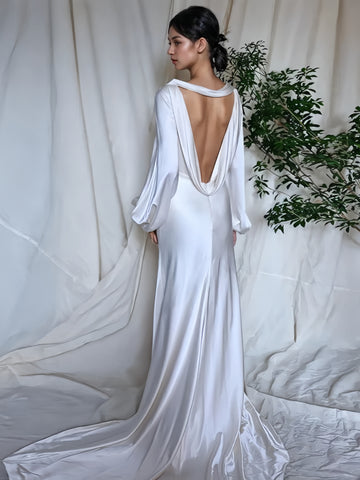 Long Sleeve Backless Elastic Satin White Wedding Dress US2 / White Long Sleeve Backless Elastic Satin White Wedding Dress US2 / White