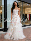 Tulle Champagne Flower Strapless Ruffles A Line Prom Dress