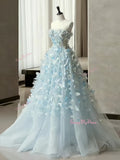 Light Blue Sweetheart Tulle Flowers A Line Prom Dress