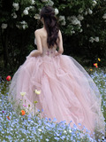 Tulle Strapless Backless A Line Pink Prom Dress