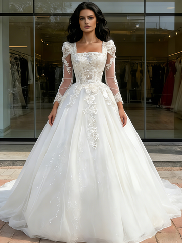 Long Sleeve Appliques A Line Square Wedding Dress