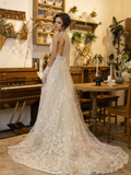 A Line Appliques Backless V Neck Tulle Wedding Dress With Slit