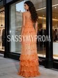 One Shoulder Ruffles Orange Tulle Sparkle Prom Dress