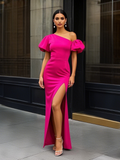 Satin Puffy Sleeve Sheath Column Off The Shoulder Prom Dress With Slit