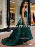 High Low Flower Straps Beading Dark Green Square Prom Dress
