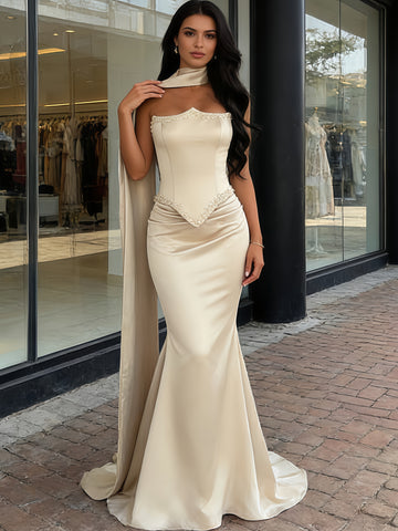 Trumpet Mermaid Satin Shawl Champagne Beading Prom Dress
