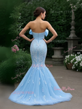 Trumpet Mermaid Tulle Appliques Light Blue Bow Prom Dress With Slit