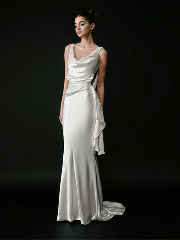 Trumpet Mermaid Backless Satin V Neck Wedding Dress