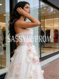 Tulle Champagne Flower Strapless Ruffles A Line Prom Dress