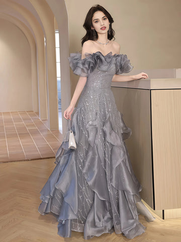 Sequin Silver Ruffles A Line Off The Shoulder Prom Dress