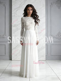 Long Sleeve A Line Tulle Scoop Lace Wedding Dress