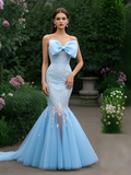 Trumpet Mermaid Tulle Appliques Light Blue Bow Prom Dress With Slit