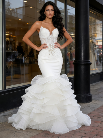 Beading Ruffles Tulle Trumpet Mermaid White Sweetheart Wedding Dress