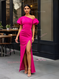 Satin Puffy Sleeve Sheath Column Off The Shoulder Prom Dress With Slit