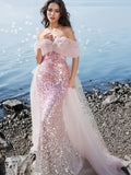 Sequin Flower Mermaid Pink Off The Shoulder Prom Dress