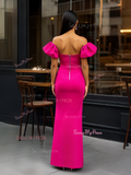 Satin Puffy Sleeve Sheath Column Off The Shoulder Prom Dress With Slit