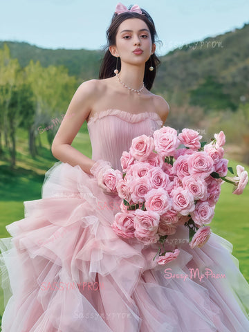 Layers Ruffles Ball Gown Pink Strapless Tulle Prom Dress US10 / Blue Layers Ruffles Ball Gown Pink Strapless Tulle Prom Dress US10 / Blue