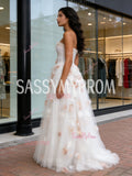 Tulle Champagne Flower Strapless Ruffles A Line Prom Dress