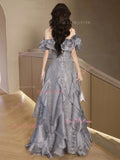 Sequin Silver Ruffles A Line Off The Shoulder Prom Dress