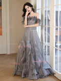 Sequin Silver Ruffles A Line Off The Shoulder Prom Dress