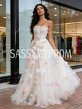 Tulle Champagne Flower Strapless Ruffles A Line Prom Dress