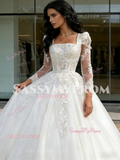 Long Sleeve Appliques A Line Square Wedding Dress