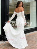 Lace Off The Shoulder Trumpet White Long Sleeve Prom Dress