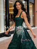 High Low Flower Straps Beading Dark Green Square Prom Dress