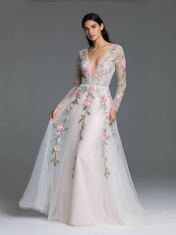 Deep V Neck Lace Long Sleeve Flower Tulle Wedding Dress