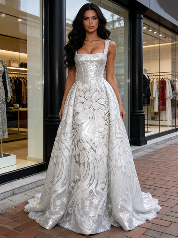 Silver Print Floral Square Sequin A Line Prom Dress