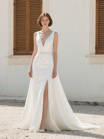 Beading A Line Satin V Neck Wedding Dress With Slit